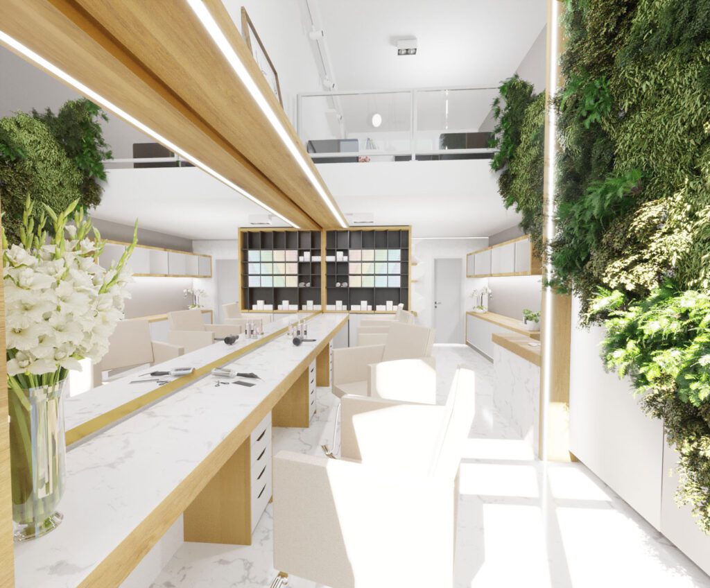 enterijer frizerskog studija moderan enterijer salona sa zelenim zidom green wall hair saloon design